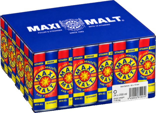 A Maxi Malt carton of 24 cans