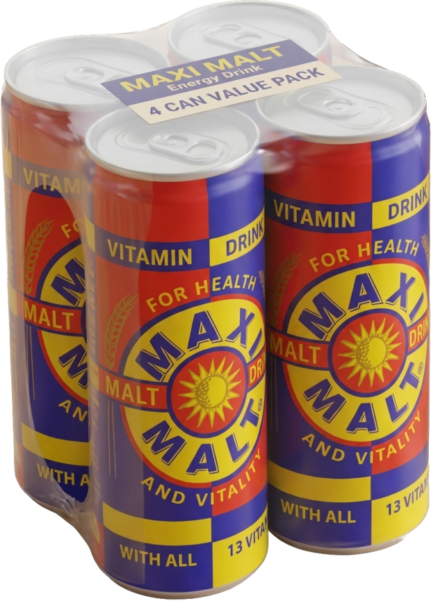 A Maxi Malt 4-pack — four 250ml cans in a navy top carrier